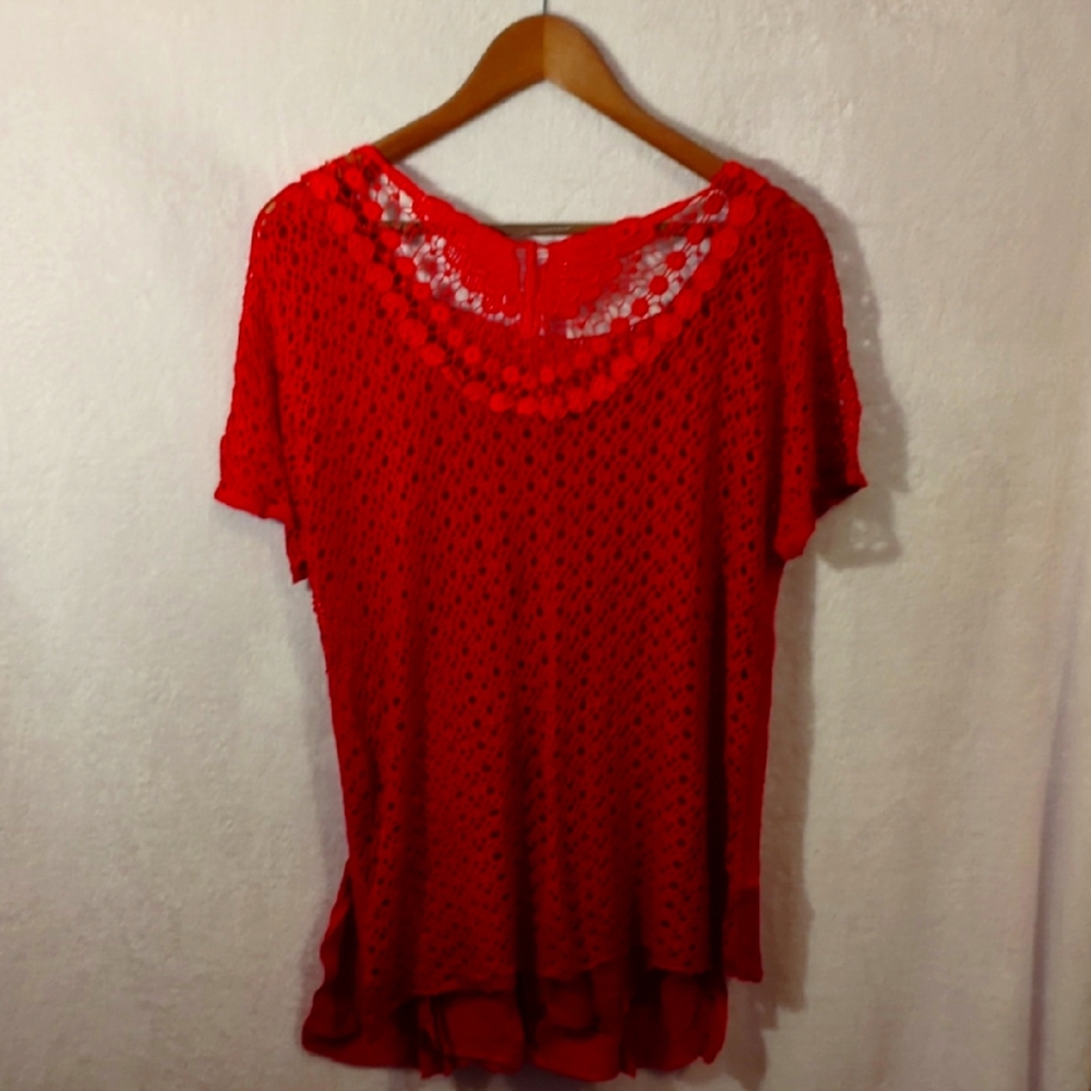 Elegant Red Crochet Over Top with ruffled cami Women's Top
